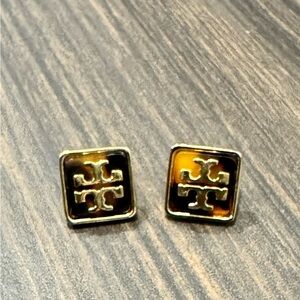 Tory Burch Gold-Tone Square Logo Earrings with Tortoise Enamel